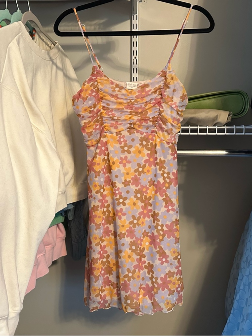 Floral Ruched mini Sundress - Pink, Yellow, Brown